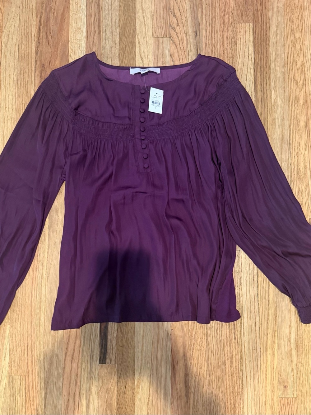 LOFT Deep Plum Button-Front Long Sleeve Blouse